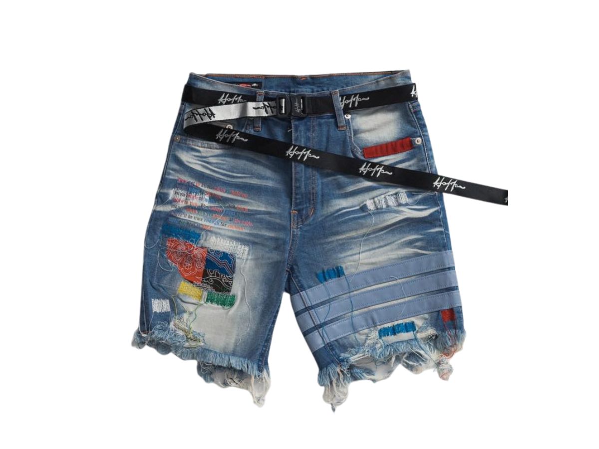 Hold’em Denim Hold’em Denim 3rd Handmade H8 Identity Zickzack Technique Sewing Blue Wash Destroyed Denim Shorts