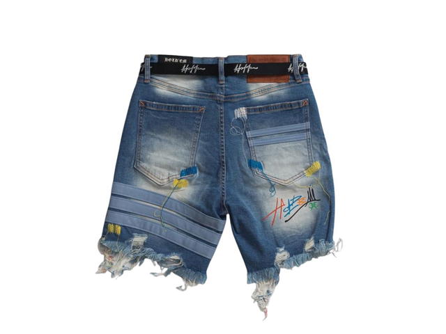 Hold’em Denim Hold’em Denim 3rd Handmade H8 Identity Zickzack Technique Sewing Blue Wash Destroyed Denim Shorts - view 2