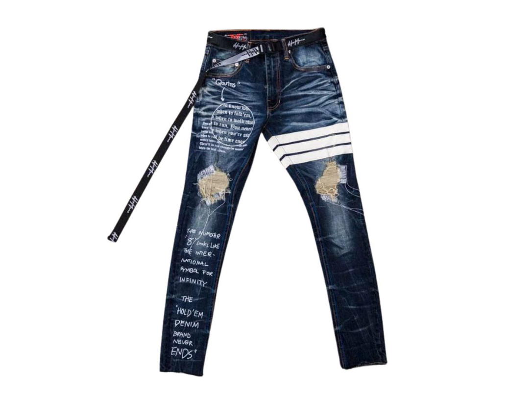 Hold’em Denim Hold’em Denim Quotes White Leatehr Patch Knee Dark Blue Washed Jeans