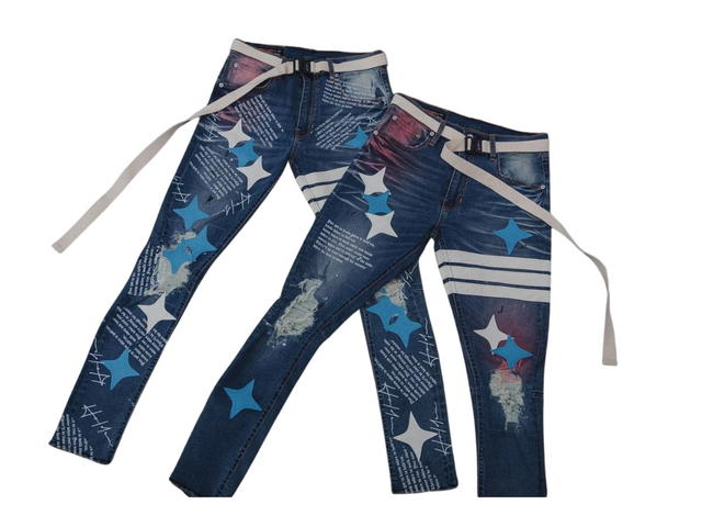 Hold’em Denim Hold’em Denim White Leather Patch Knee Destroyed Jeans Blue and White Diamond - view 1