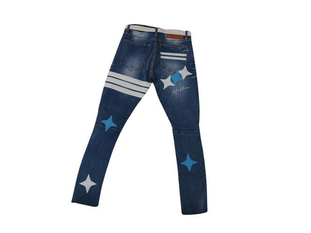 Hold’em Denim Hold’em Denim White Leather Patch Knee Destroyed Jeans Blue and White Diamond - view 2