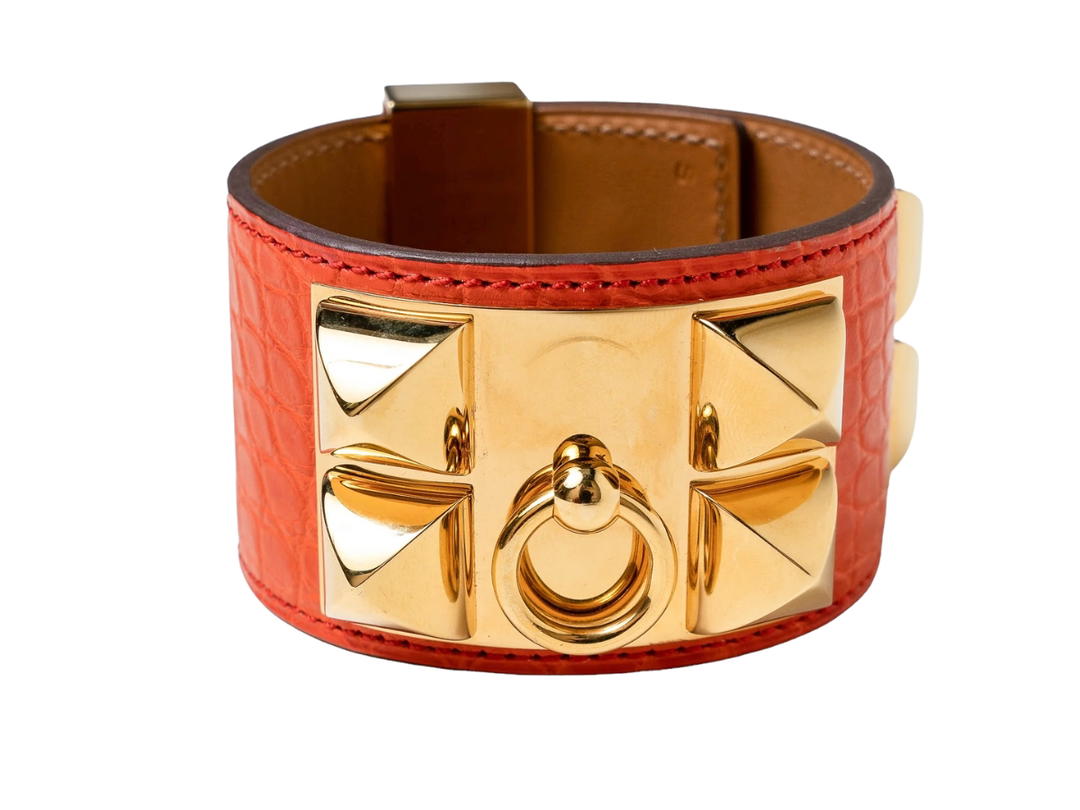 Hermes Hermes Collier de Chien Disco Faubourg Bracelet In Alligator With Gold-Tone Hardware Rouge De Cœur