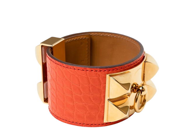Hermes Hermes Collier de Chien Disco Faubourg Bracelet In Alligator With Gold-Tone Hardware Rouge De Cœur - view 5
