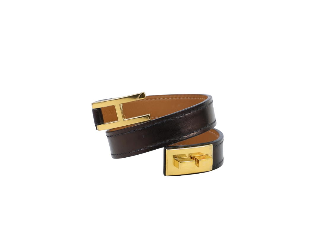 Hermes Hermes Leather Gold Plated Drag Double Tour Bracelet Black