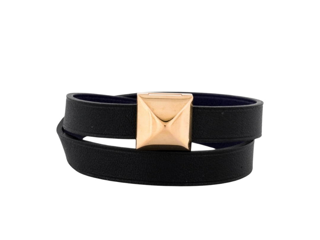 Hermes Hermes Medor Double Tour Bracelet T3 In Black Leather With Gold-Plated Brass Hardware Black