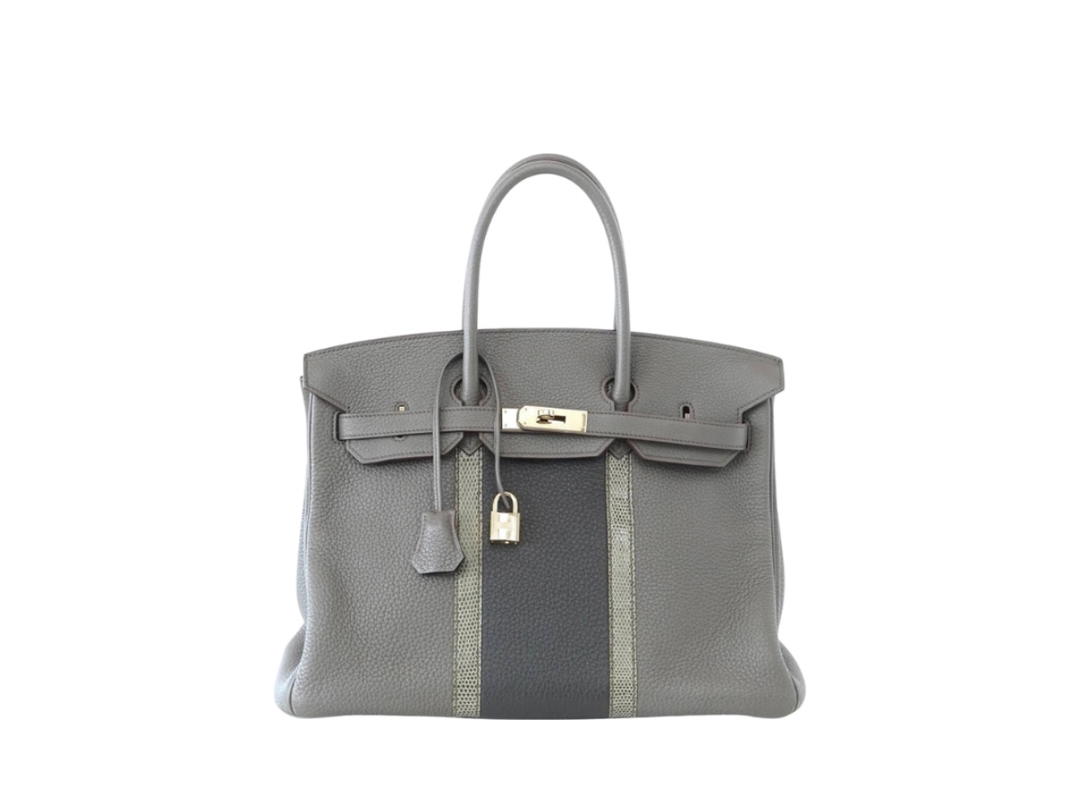 Hermes Hermes Birkin 35 Club Taurillon Clemence Lezard Niloticus Etain Graphite Gris Foncé