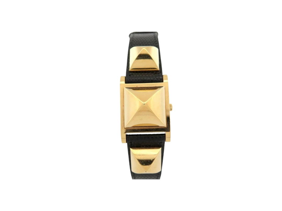 Hermes Hermes Plated Medor Studded Quartz Watch Black Gold