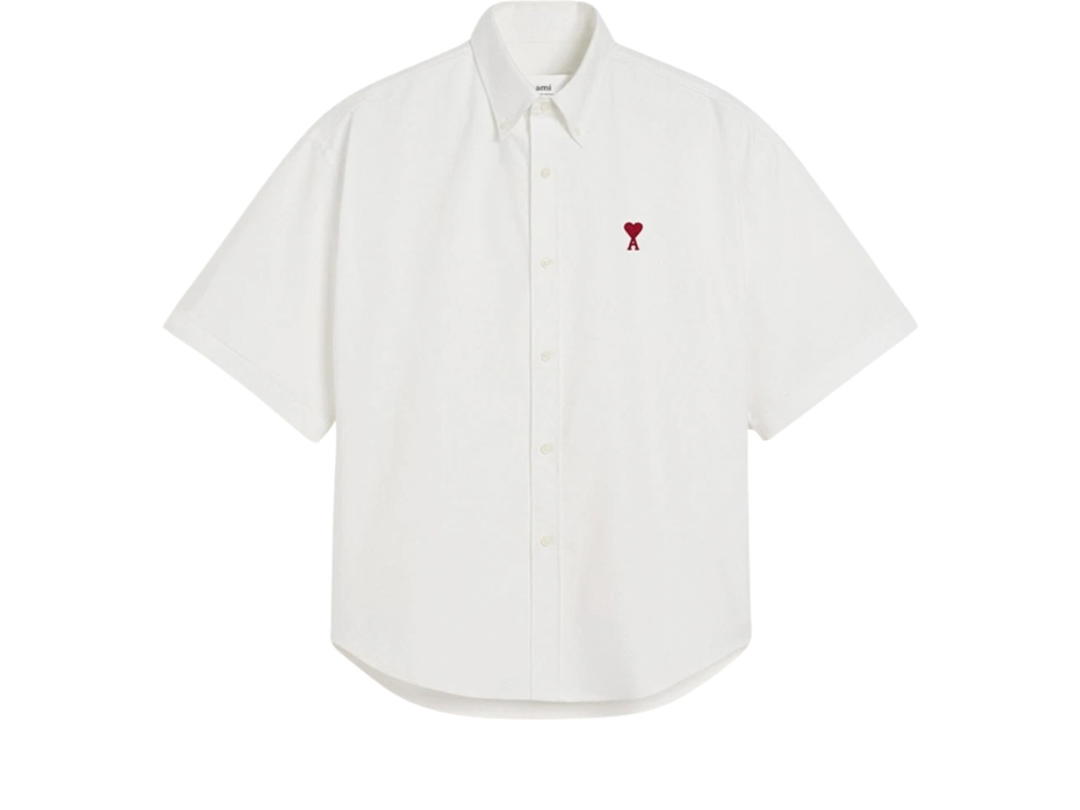 Ami Paris Ami Paris Ami De Coeur Cotton Oxford Boxy Fit Button Down Short Sleeve Shirt Natural White