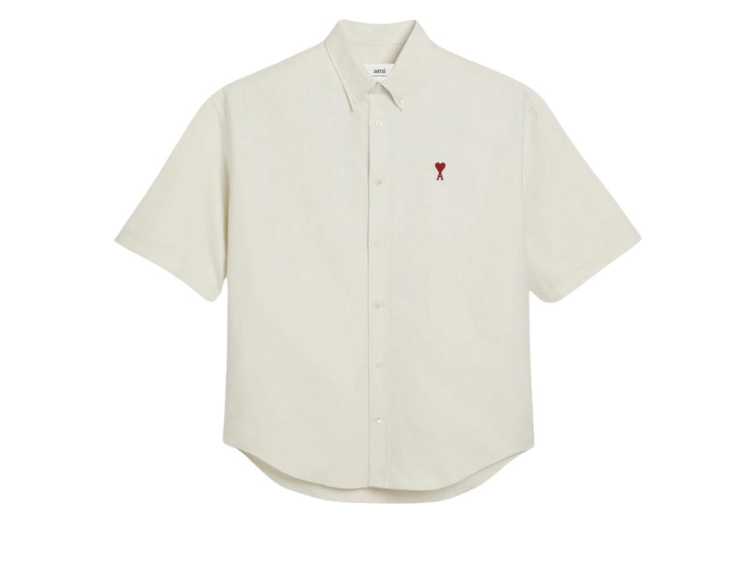 Ami Paris Ami Paris AMI de Coeur Cotton Oxford Boxy Fit Button Down Short Sleeve Shirt Chalk