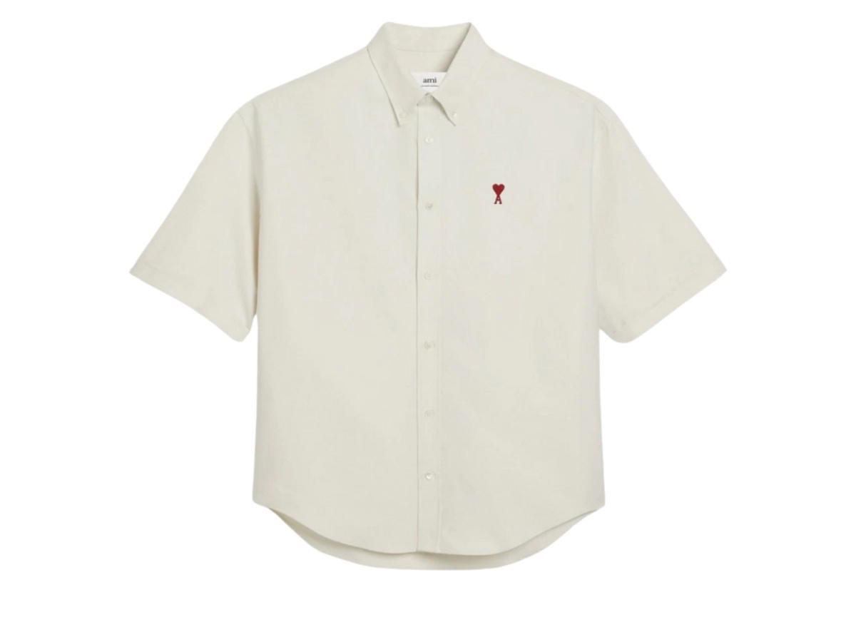 Ami Paris Ami Paris AMI de Coeur Cotton Oxford Boxy Fit Button Down Short Sleeve Shirt Chalk