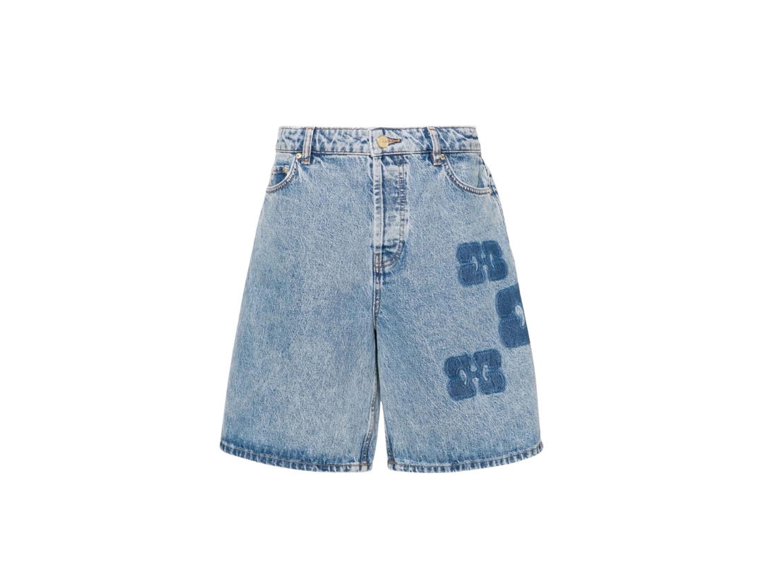 Ganni Ganni Patch Denim Shorts Mid Blue Stone