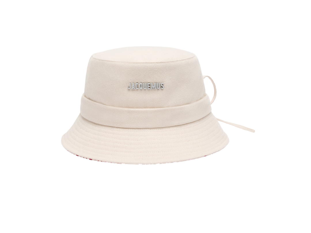 Jacquemus Jacquemus Le Bob Gadjo Knotted Bucket Hat In Silver Metal Logo OFF-WHITE/RED STRIPES