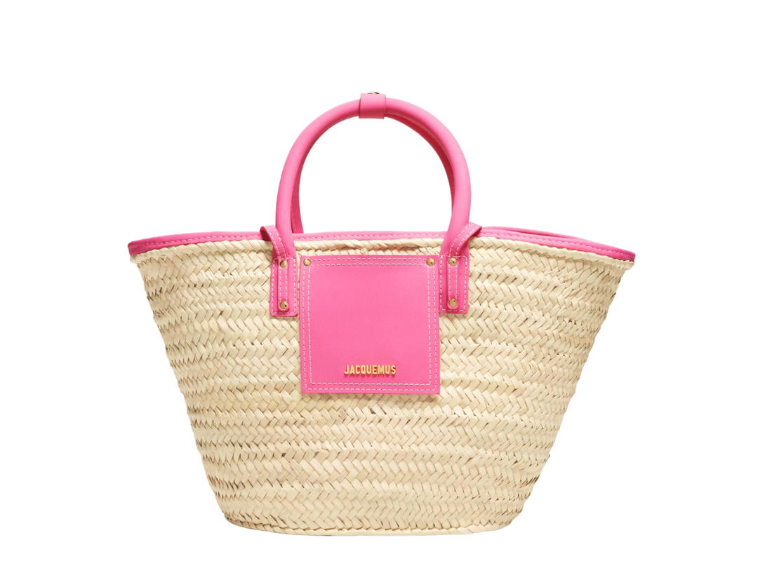 Jacquemus Jacquemus Le Panier Soli Beach Basket Bag In Palm And Cowskin With Gold Metal Logo Dark Pink