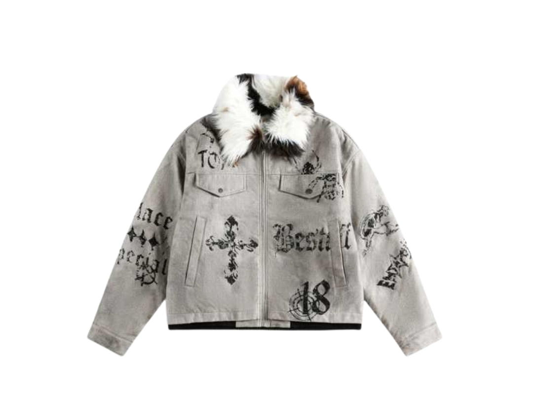 Jeera 168 (พร้อมส่ง) Jeera168 Gothic Print Collar Fur Jacket  