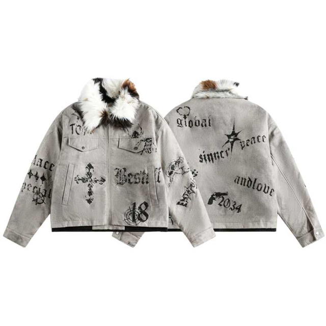Jeera 168 (พร้อมส่ง) Jeera168 Gothic Print Collar Fur Jacket   - view 3