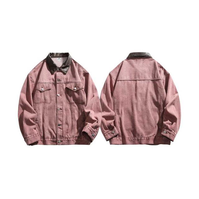 Jeera 168 Jeera168 |Pink Brown Stand Collar Denim Jacket (พรีออเดอร์) - view 3