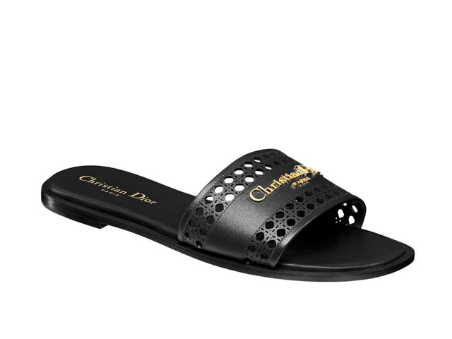 Dior Dior D-Lane Slide Black Calfskin with Openwork Microcannage Motif Black (W) - view 2