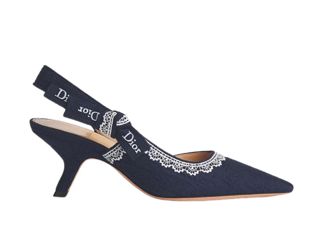 Dior Dior J'Adior Slingback Pump Blue Oblique Embroidered Cotton White Lace
