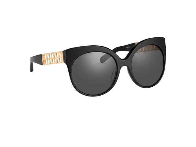Linda Farrow Linda Farrow 388 C1 Cat Eye Sunglasses In Black Acetate Frame-gold Titanium Cage With Grey Lenses - view 2