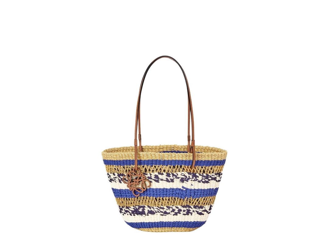 Loewe Loewe Basket Tote Bag In Raffia And Calfskin Natural Blue