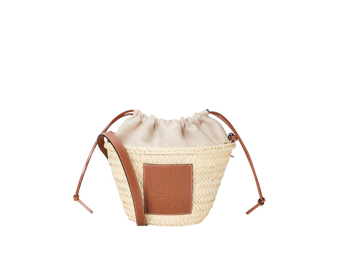 Loewe Loewe Drawstring Bucket Bag In Palm Leaf And Calfskin With Palladium Metallic Colour Natural Tan