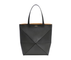 Loewe Large Puzzle Fold Tote In Shiny Calfskin With Gold Embossed Black