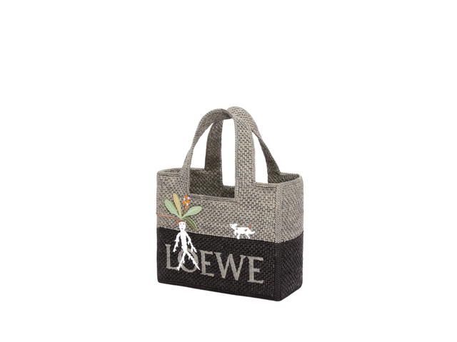 Loewe Loewe Mandragora Small Loewe Font Tote In Raffia With Palladium Metallic Hardware Pearl Grey-Dark Grey - view 3