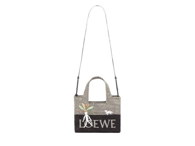 Loewe Loewe Mandragora Small Loewe Font Tote In Raffia With Palladium Metallic Hardware Pearl Grey-Dark Grey - view 4
