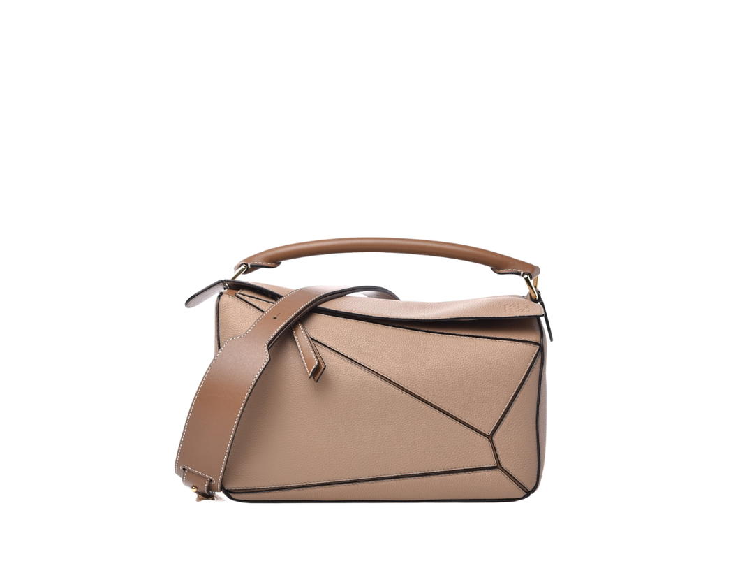 Loewe Loewe Medium Puzzle Bag In Grained Calfskin With Gold Metallic Sand Mink