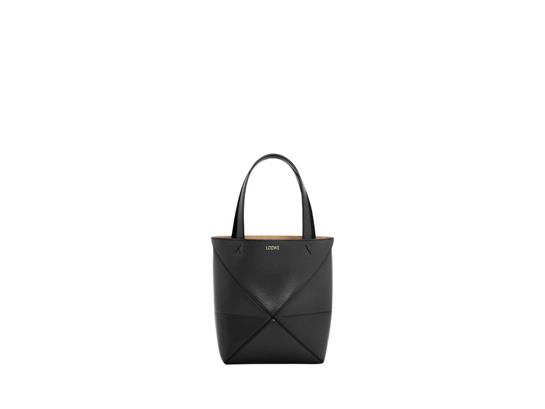 Loewe Loewe Mini Puzzle Fold Tote In Shiny Calfskin With Gold Embossed Black