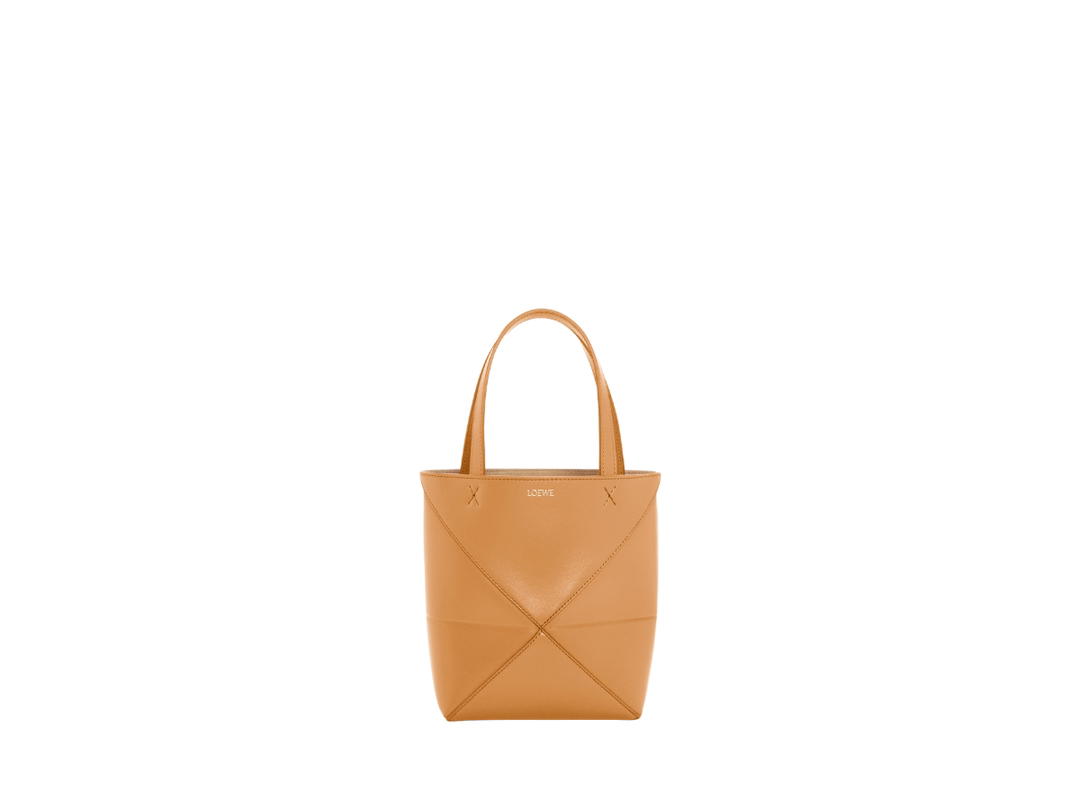 Loewe Loewe Mini Puzzle Fold Tote In Shiny Calfskin With Gold Embossed Warm Desert