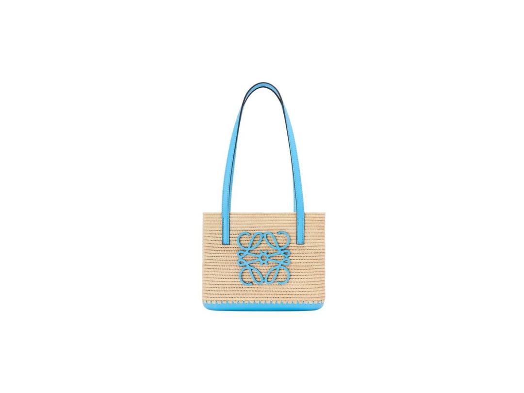 Loewe Loewe Mini Square Basket Bag In Raffia And Calfskin Natural Topaz Blue