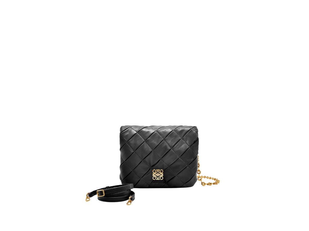 Loewe Loewe Puffer Goya In Pleated Shiny Nappa Lambskin With Gold Metallic Hardware Black
