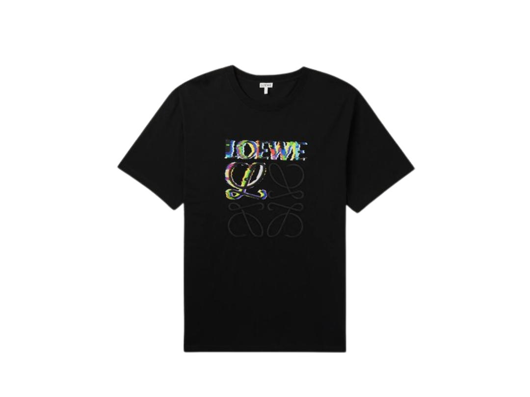 Loewe Loewe Relaxed Fit T-shirt In Cotton-Glitch-Effect Anagram Patch Black-Blue-Multicolor