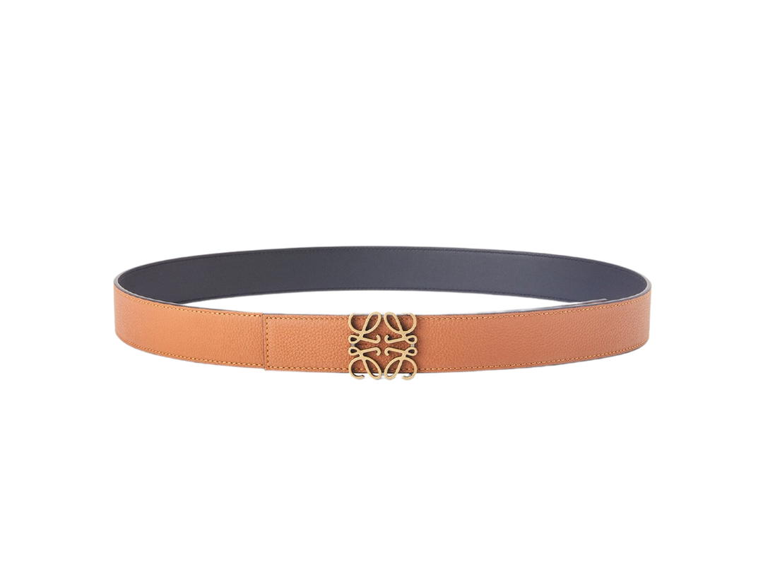 Loewe Loewe Reversible Anagram Belt 35MM In Soft Grained-Smooth Calfskin With Old Gold Hardware Tan-Black-Old Gold