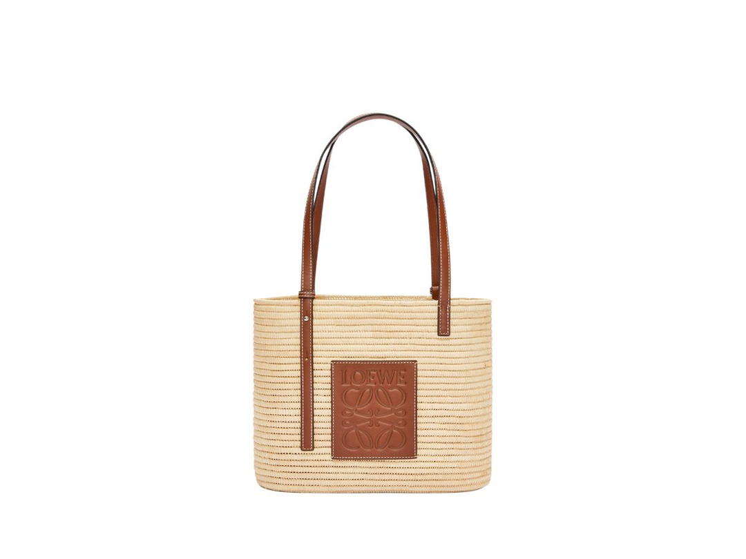 Loewe Loewe Small Square Basket Bag In Raffia And Calfskin Natural-Pecan