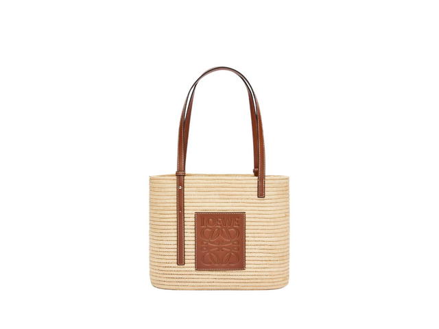 Loewe Loewe Small Square Basket Bag In Raffia And Calfskin Natural-Pecan - view 1