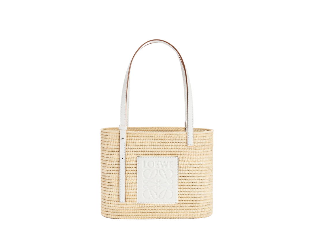 Loewe Loewe Small Square Basket Bag In Raffia And Calfskin With Palladium Metallic Natural White