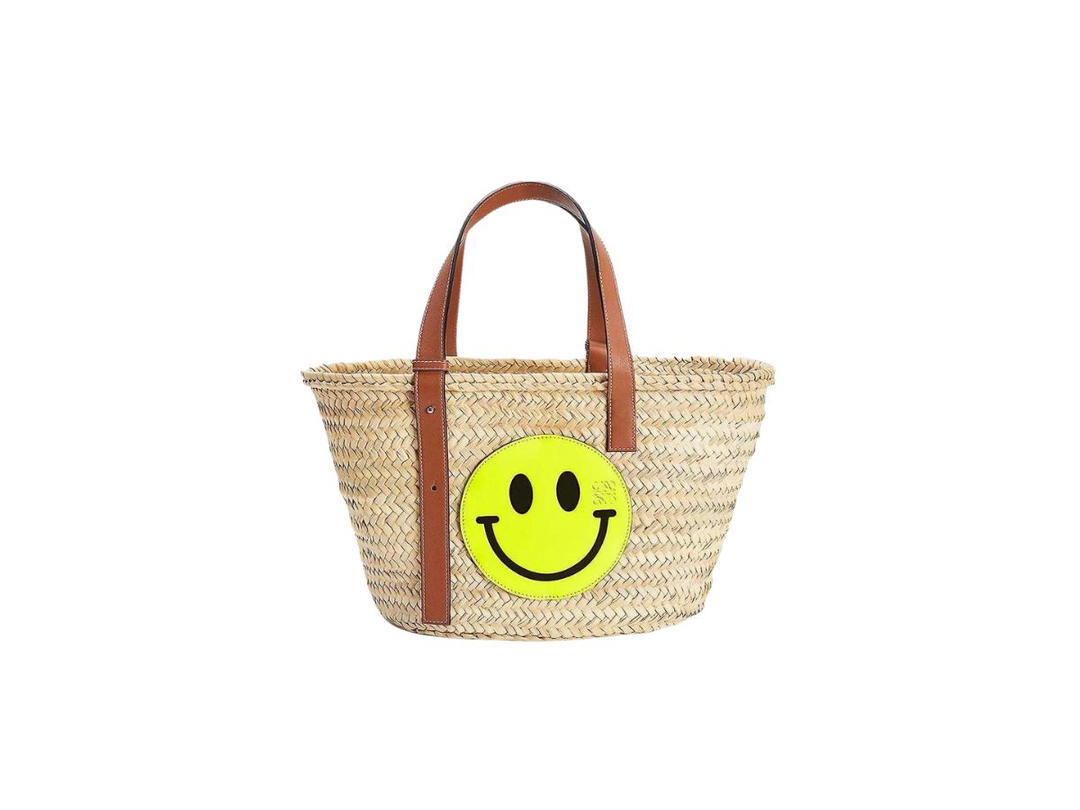 Loewe Loewe X Smiley Medium Basket Bag In Palm Leaf And Calfskin Tan-Yellow