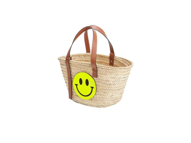 Loewe Loewe X Smiley Medium Basket Bag In Palm Leaf And Calfskin Tan-Yellow - view 2