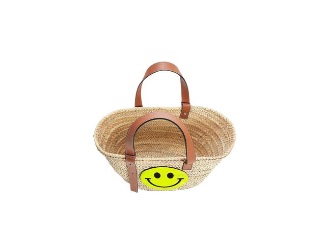 Loewe Loewe X Smiley Medium Basket Bag In Palm Leaf And Calfskin Tan-Yellow - view 3