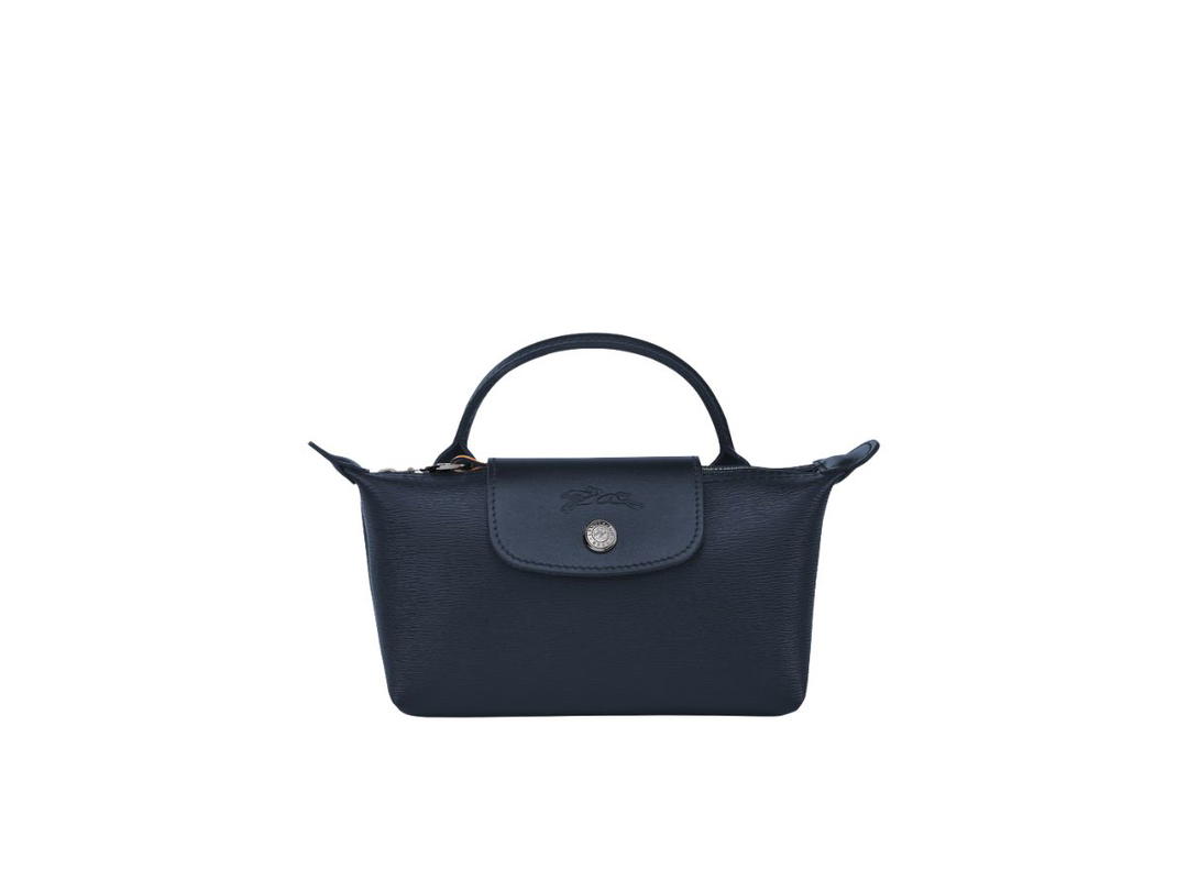 Longchamp Longchamp Le Pliage City Pouch With Handle In Canvas With Silver Hardware Navy