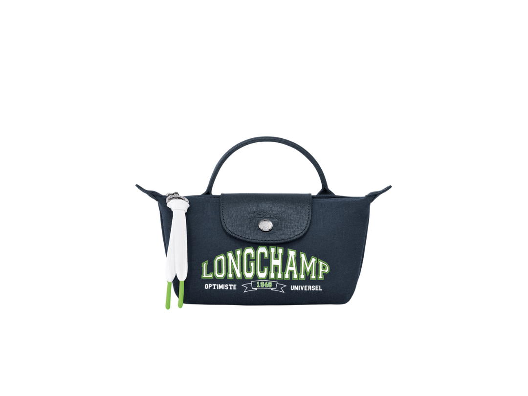 Longchamp Longchamp Le Pliage Pouch With Handle In Cotton Jersey Canvas With Silver Hardware Navy