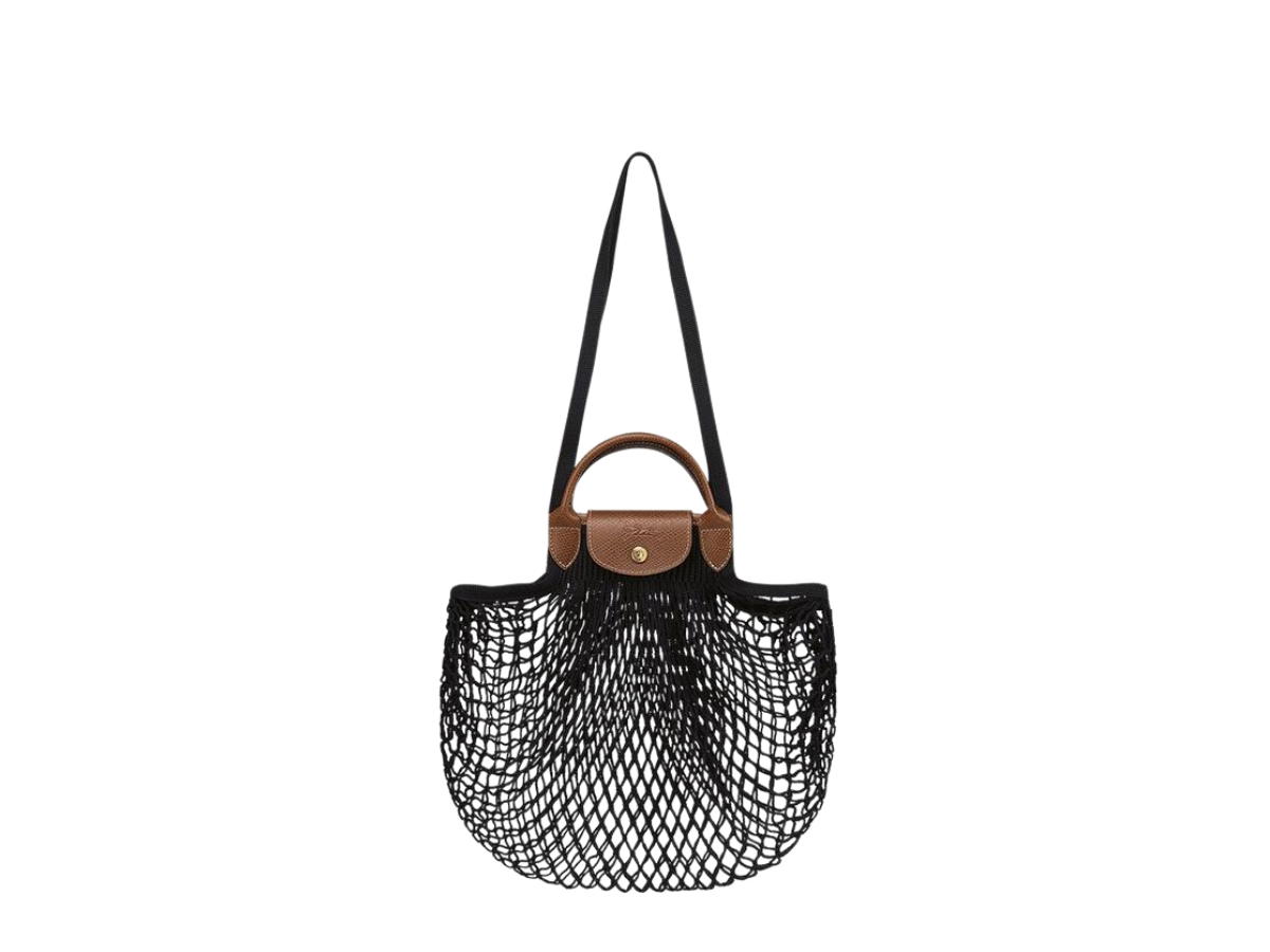 Longchamp Longchamp Le Pliage Filet Mesh Bag L In Cotton Canvas With Gold Metal Hardware Black