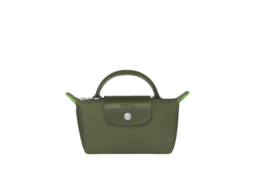 Longchamp Longchamp Le Pliage Green Pouch With Handle In Recycled Canvas With Silver Hardware Forest