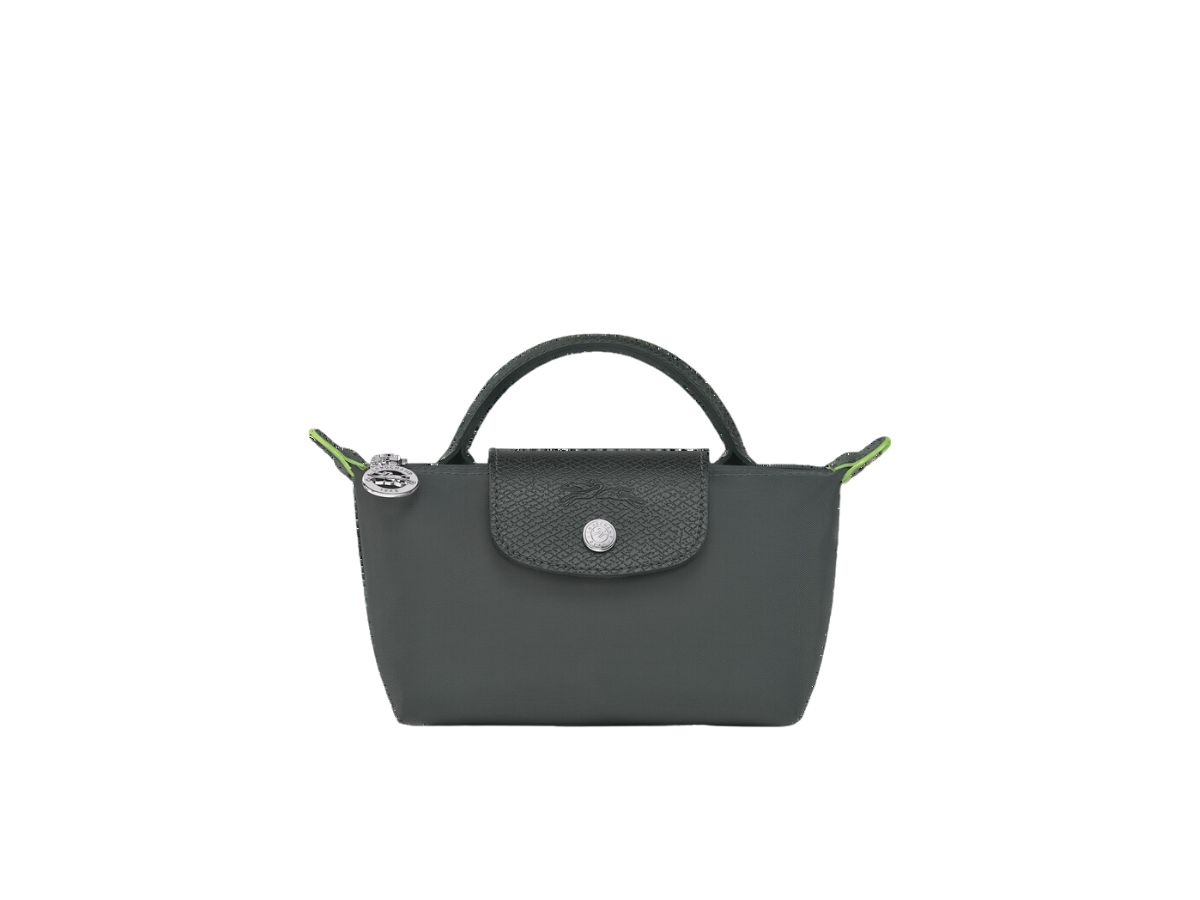 Longchamp Longchamp Le Pliage Green Pouch With Handle In Recycled Canvas With Silver Hardware Graphite