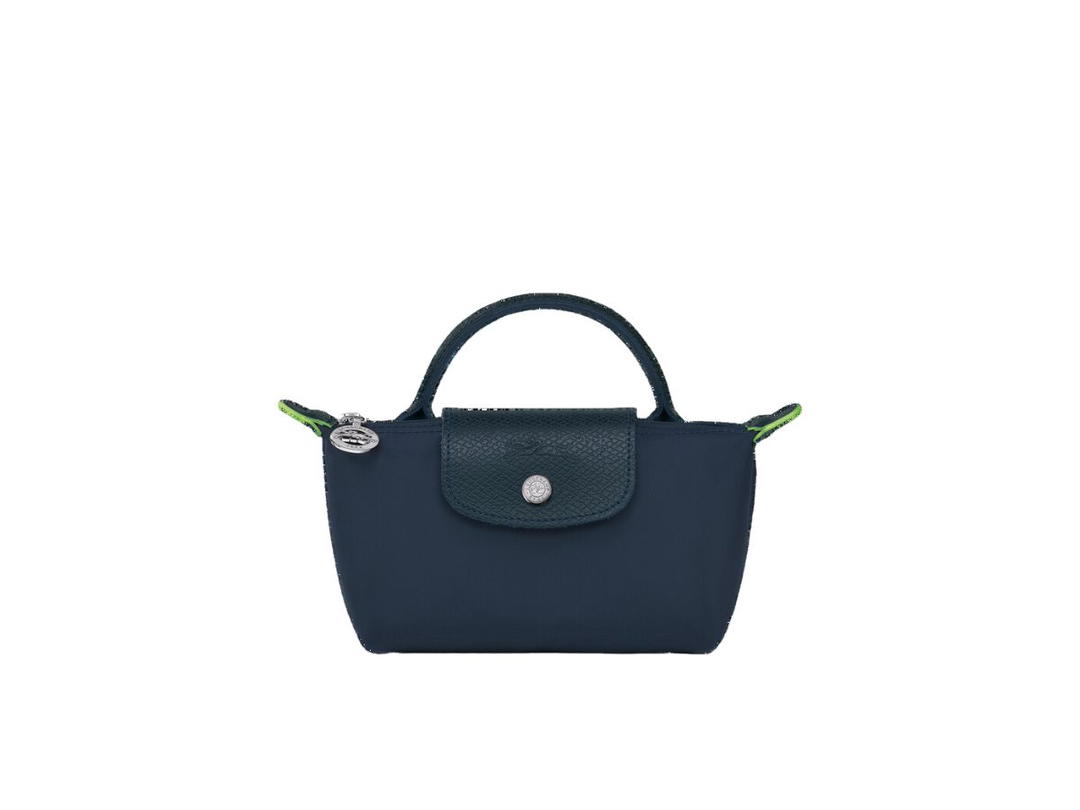 Longchamp Longchamp Le Pliage Green Pouch With Handle In Recycled Canvas With Silver Hardware Navy