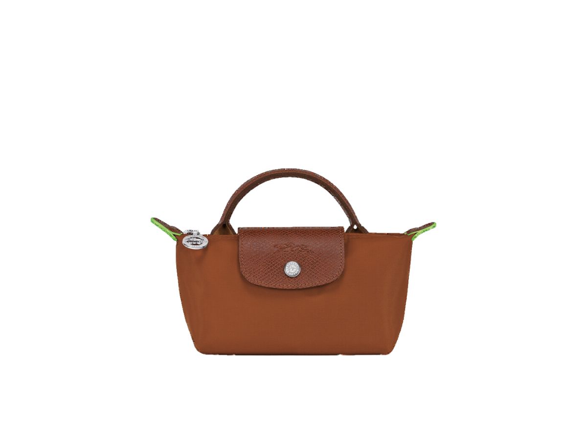 Longchamp Longchamp Le Pliage Green Pouch With Handle In Recycled Canvas With Silver Hardware Cognac