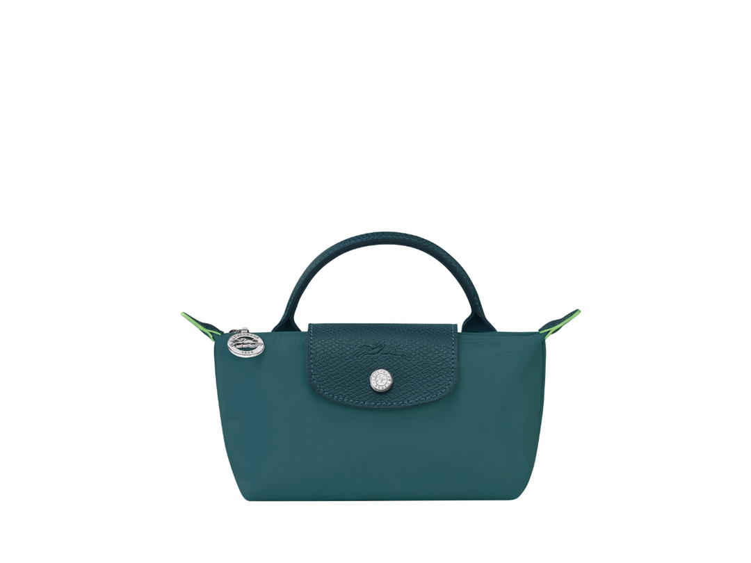 Longchamp Longchamp Le Pliage Green Pouch With Handle In Recycled Canvas With Silver Hardware Peacock