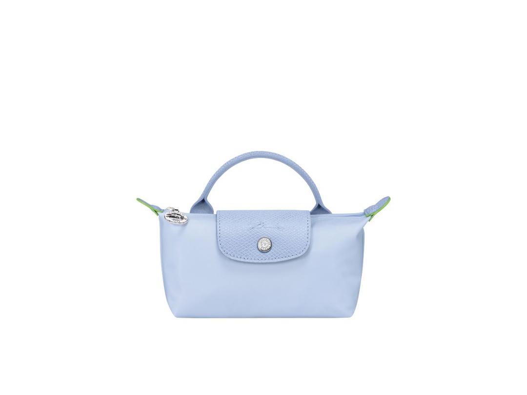 Longchamp Longchamp Le Pliage Green Pouch With Handle In Recycled Canvas With Silver Hardware Sky Blue
